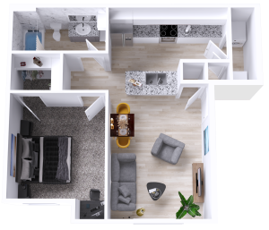 a 3d rendering of a two bedroom apartment at The Woodview