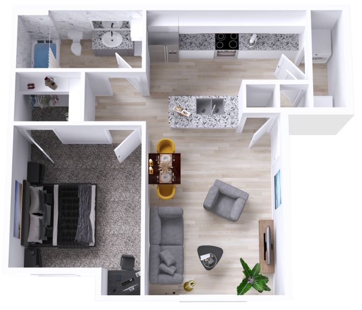 a 3d rendering of a two bedroom apartment at The Woodview