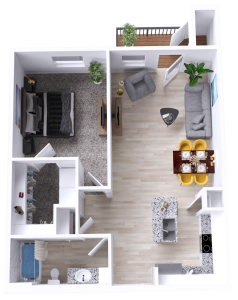 a 3d rendering of a two bedroom apartment at The Woodview