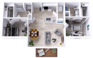 a 3d rendering of a two bedroom apartment at The Woodview