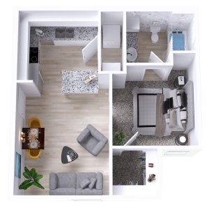 a 3d rendering of a one bedroom apartment at The Woodview